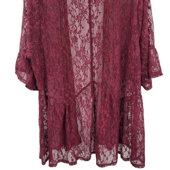 Time and Tru Lace Cardigan Maroon Wine L-XL Peplum Ruffle Bell 3/4 Sleeve Tunic - Picture 10 of 12